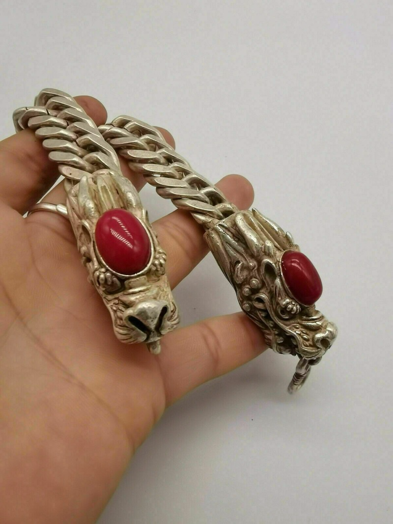 Gelang Perak Tibet Tua Bertatahkan Naga Giok Merah Wanita Pria Mode Tiongkok