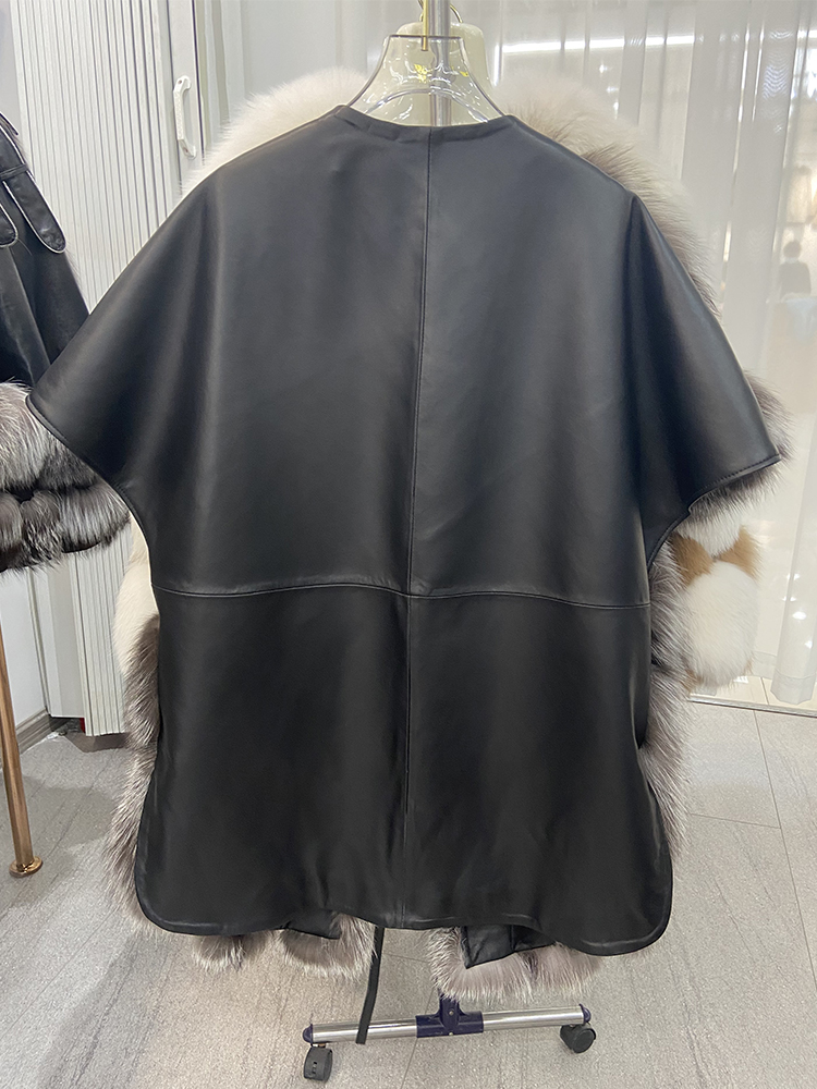 Spring High Quality Luxury Women Female Real Silver Fox Fur Genuine Sheepskin Leather Oversize Loose Short Sleeve Coat