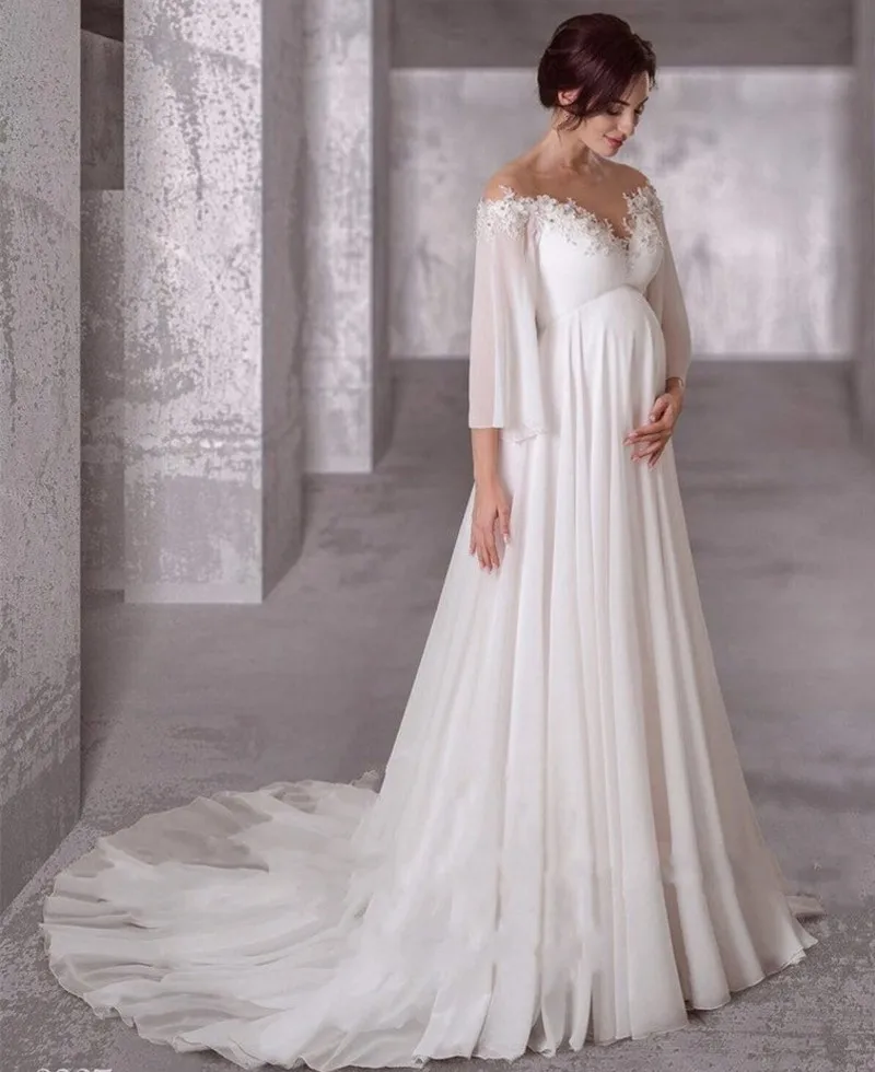 Abiti da sposa in chiffon di maternità personalizzati 2025 Maniche lunghe Abiti da sposa in gravidanza bohemien Sweep Train Semplice Robe De Mariage