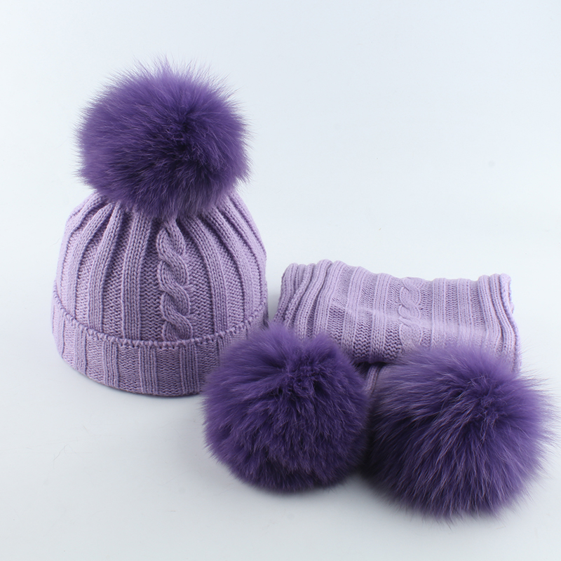 Set cappello e sciarpa con pompon in vera pelliccia di volpe per bambini Cappello invernale per bambina carina in pile all'interno di 3 berretti con pompon