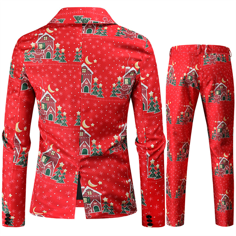 Terno de natal masculino de duas peças com estampa vermelha (jaqueta + calça) casaco blazer masculino elegante com calças preto verde azul S-4XL