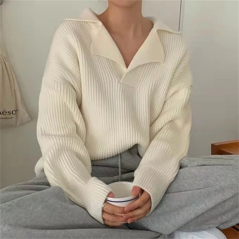 เกาหลีใต้หญิงฤดูใบไม้ร่วงครึ่งเปิด V-Lapel Pullover ฉบับภาษาเกาหลียาวแขนยาวสวมใส่เสื้อกันหนาว