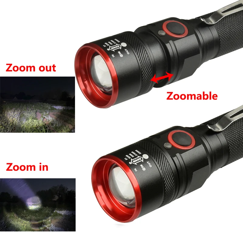Linterna LED de XML-T6 recargable, linterna con puerto Micro USB, 4 modos de iluminación con zoom, para pesca al aire libre