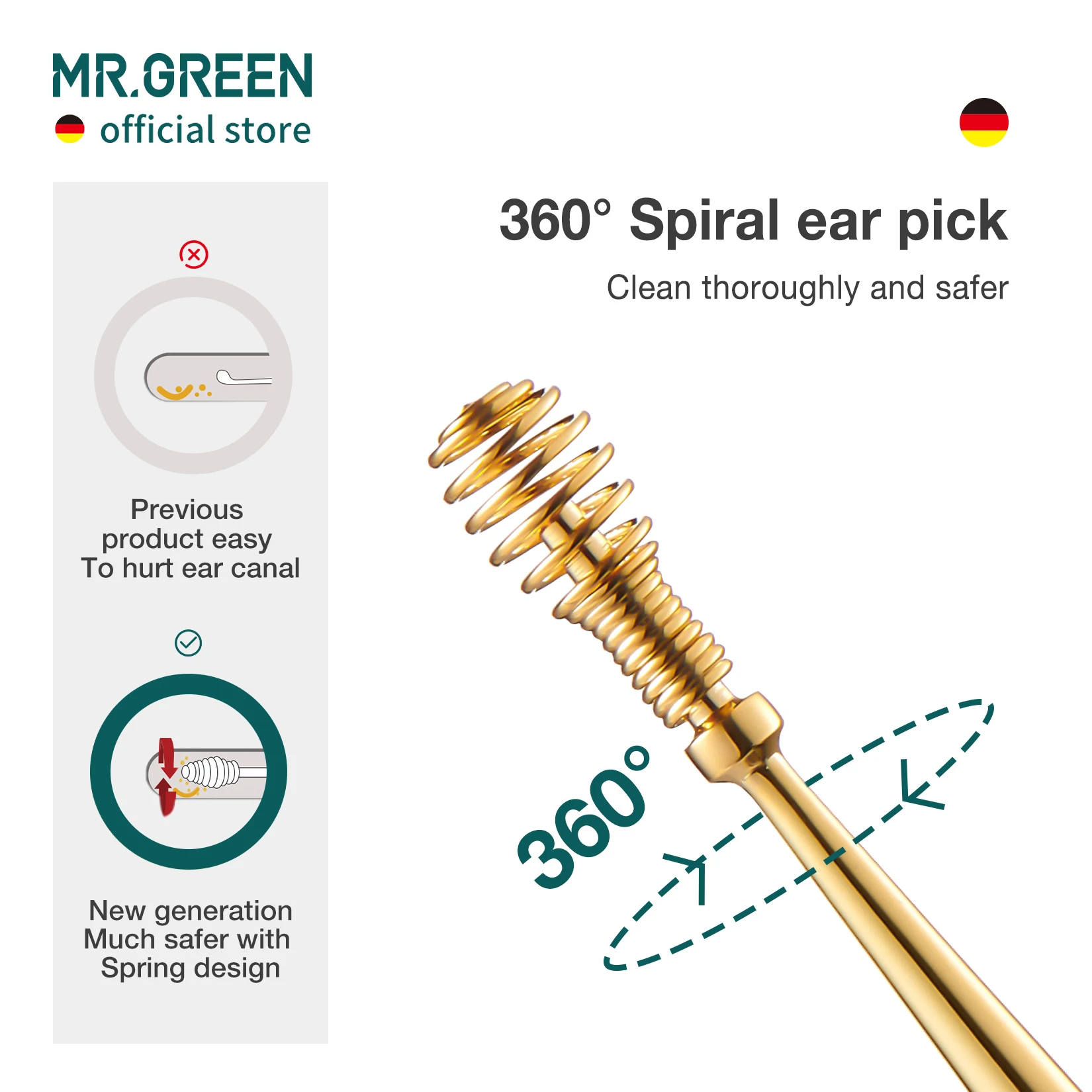 Remoção de cera de ouvido MR.GREEN 360 °   Espiral massagem orelha picareta limpador de canal de ouvido design flexível de aço inoxidável ferramentas de cuidados com os ouvidos