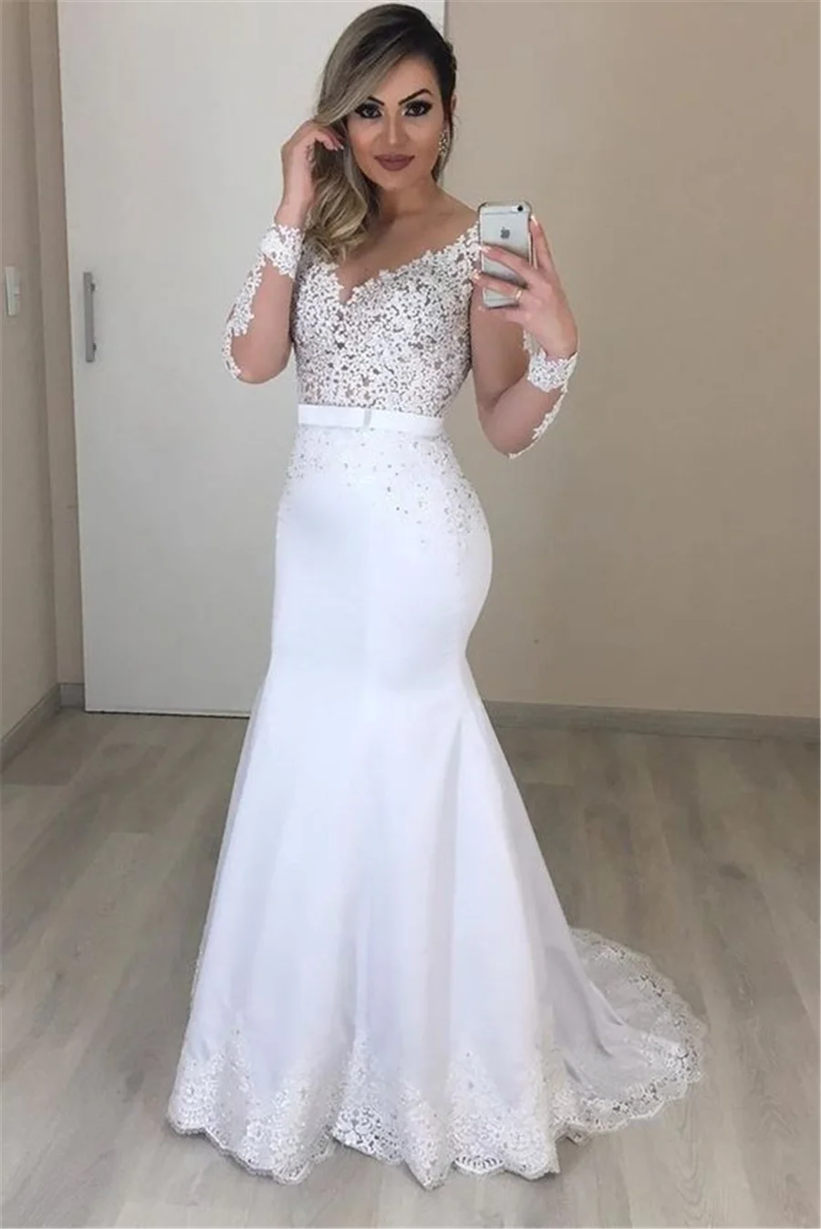 Abiti da sposa a sirena a maniche lunghe trasparenti vedere attraverso la schiena abiti da sposa personalizzati in due pezzi abiti modesti De Novia