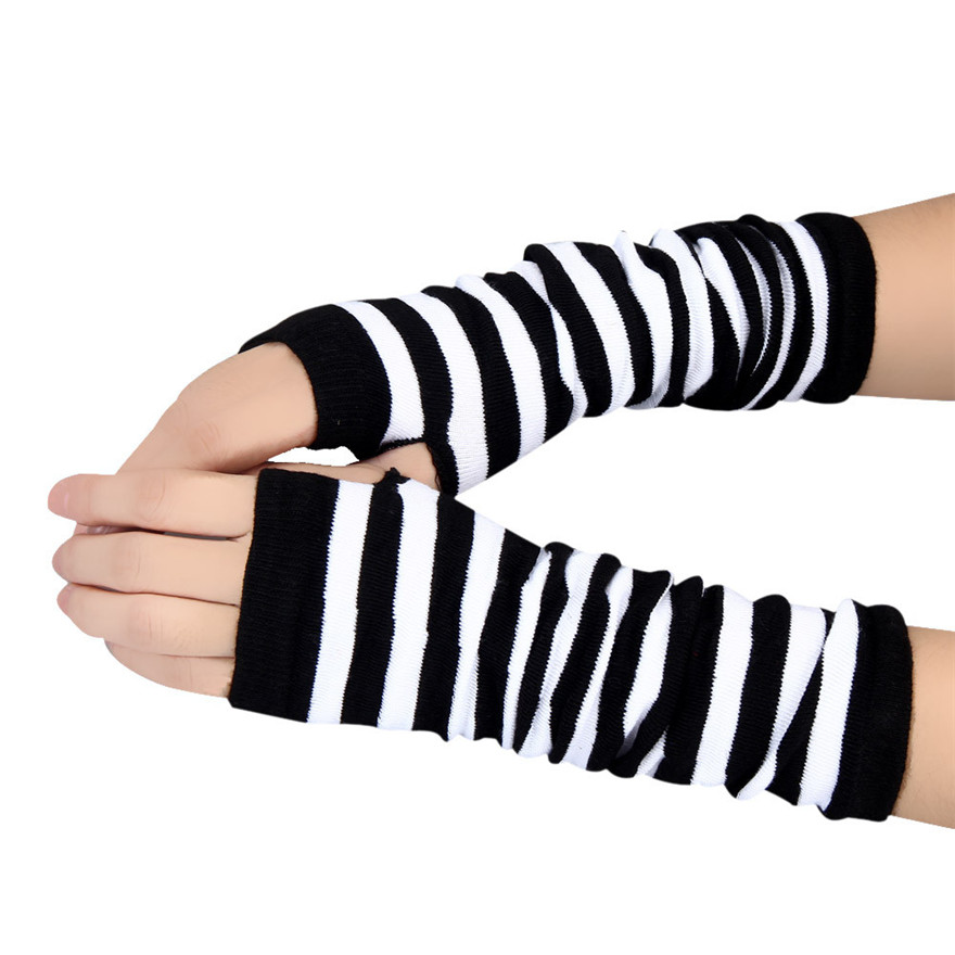 Frauen Langarm Gothic Gestreiften Fingerlose Arm Wärmer Gestrickte frauen Casual Einfarbig Mode Handschuhe Punk Arm Zubehör