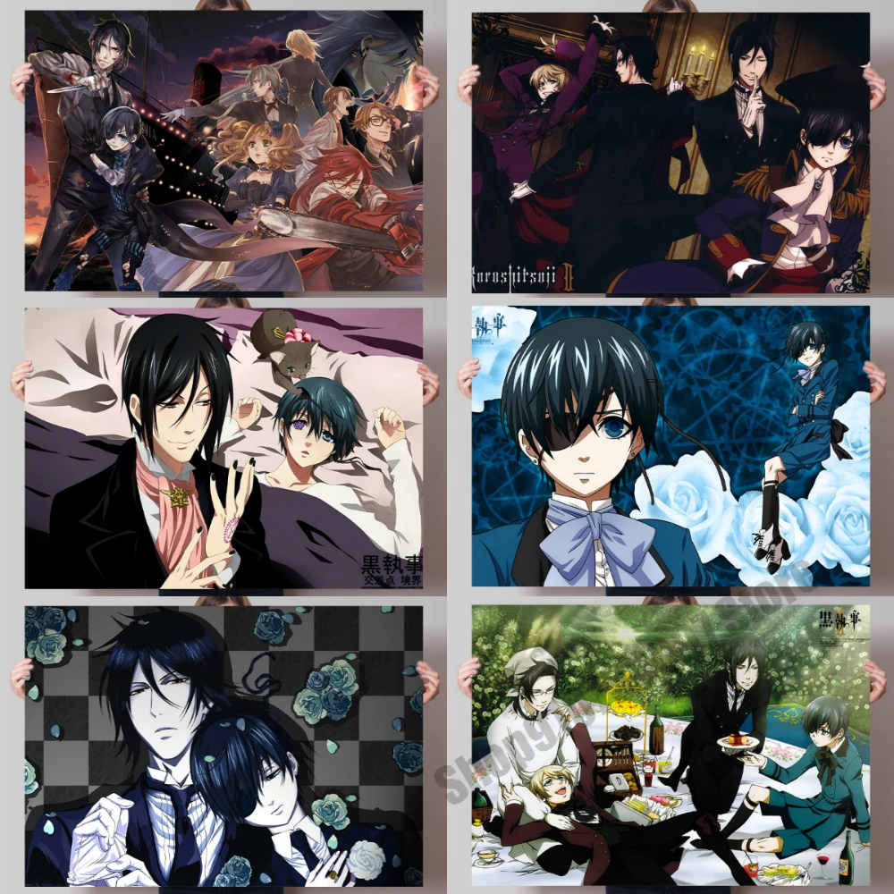 Lukisan Kanvas Hitam Butler Anime Dinding Seni Poster Nordic dan Cetakan Dinding Dekorasi Rumah Gambar untuk Dekorasi Ruang Tamu