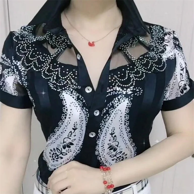 Đồng Hồ Nữ Áo Mùa Hè Ren Áo Sơ Mi Voan Lưng Khâu In Có Nút Blusas Offce Nữ Áo Sơ Mi Chemises Fleurs