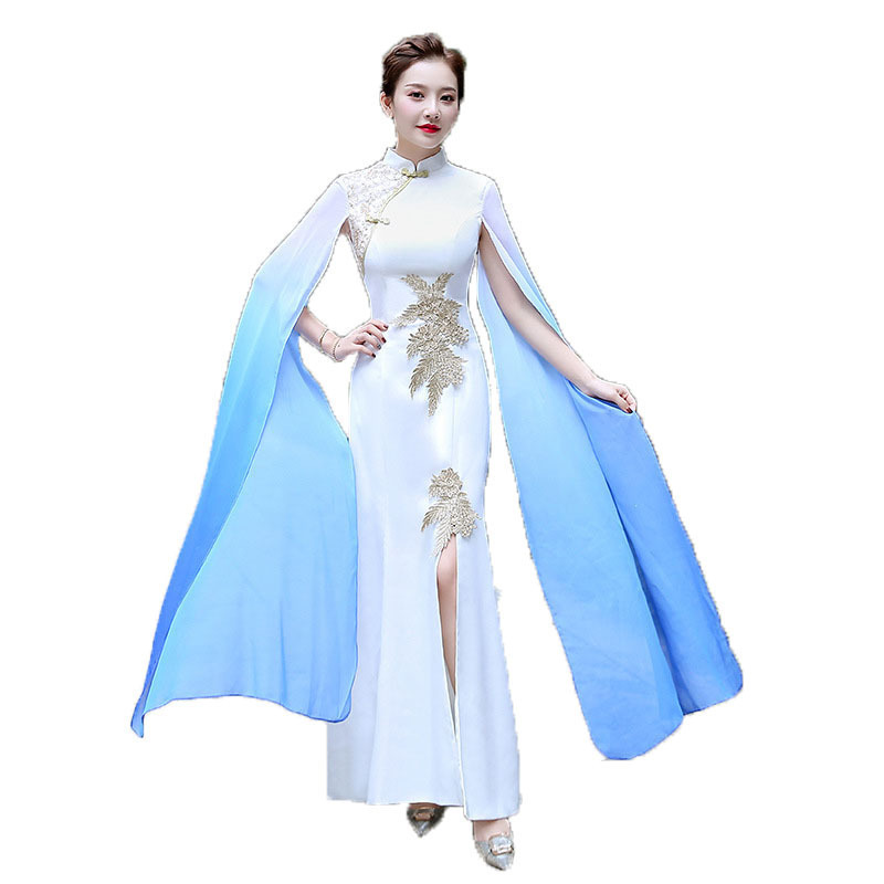 Gaun Panjang Belah Cina Qipao Kerah Mandarin Cheongsam Bunga Selendang Seksi Wanita Ukuran Besar 3X-7XL Satin Jamuan Vestidos