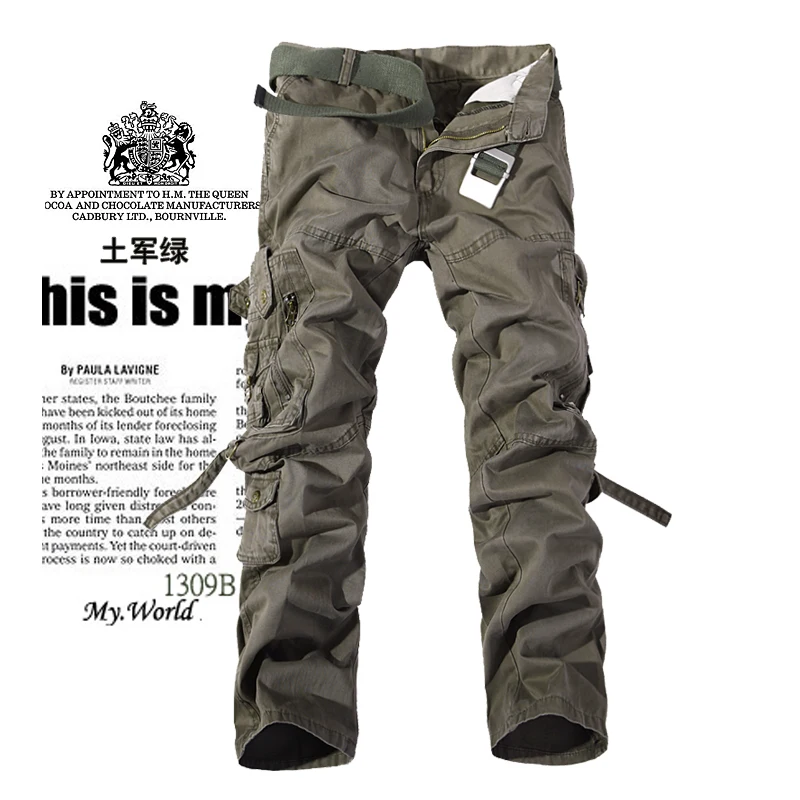 ผู้ชายกางเกง Casual Army สีเขียวกระเป๋าขนาดใหญ่กางเกงทหารโดยรวมชายกลางแจ้งคุณภาพสูงกางเกงยาว 28-42 PLUS