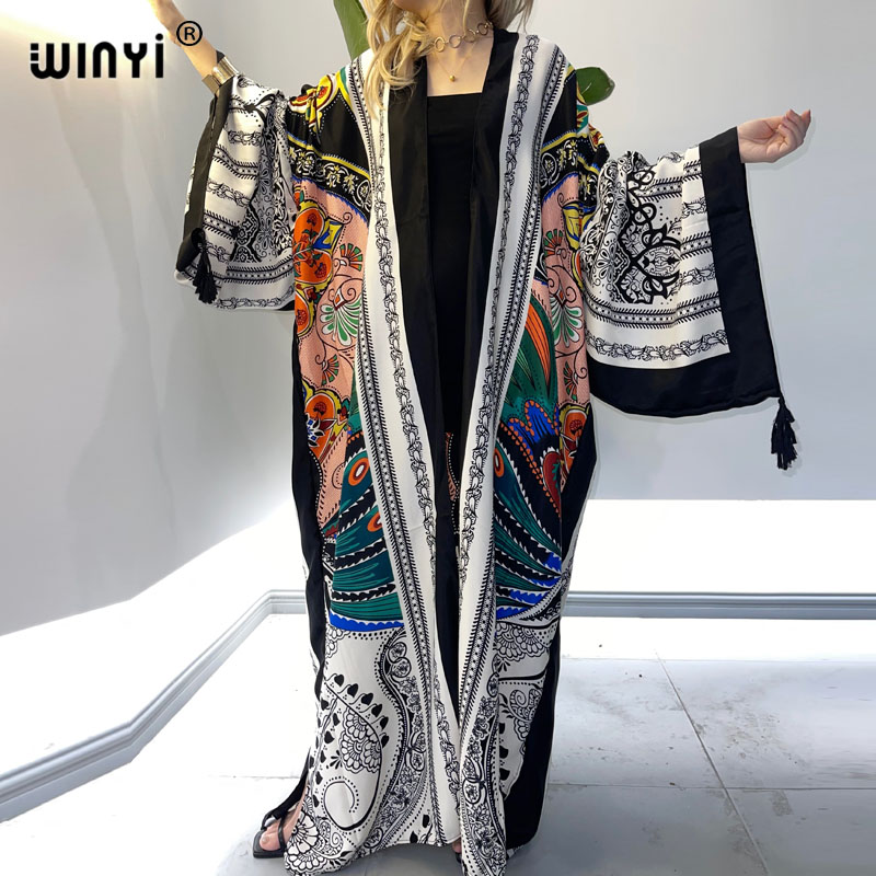 WINYI ชุดฤดูใบไม้ผลิ2021ผู้หญิงกิโมโน Cardigan Stitch Robe ค็อกเทล Sexcy Boho Maxi แอฟริกันวันหยุด Batwing ผ้าไหม Robe