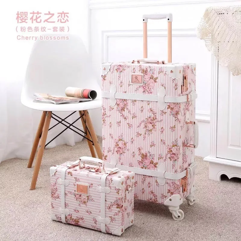 Blume 2 TEILE/SATZ Vintage Luxus PU Reisegepäck mit Handtasche Frauen Retro Trolley Koffer Tasche Mädchen Kosmetik Make-up Koffer