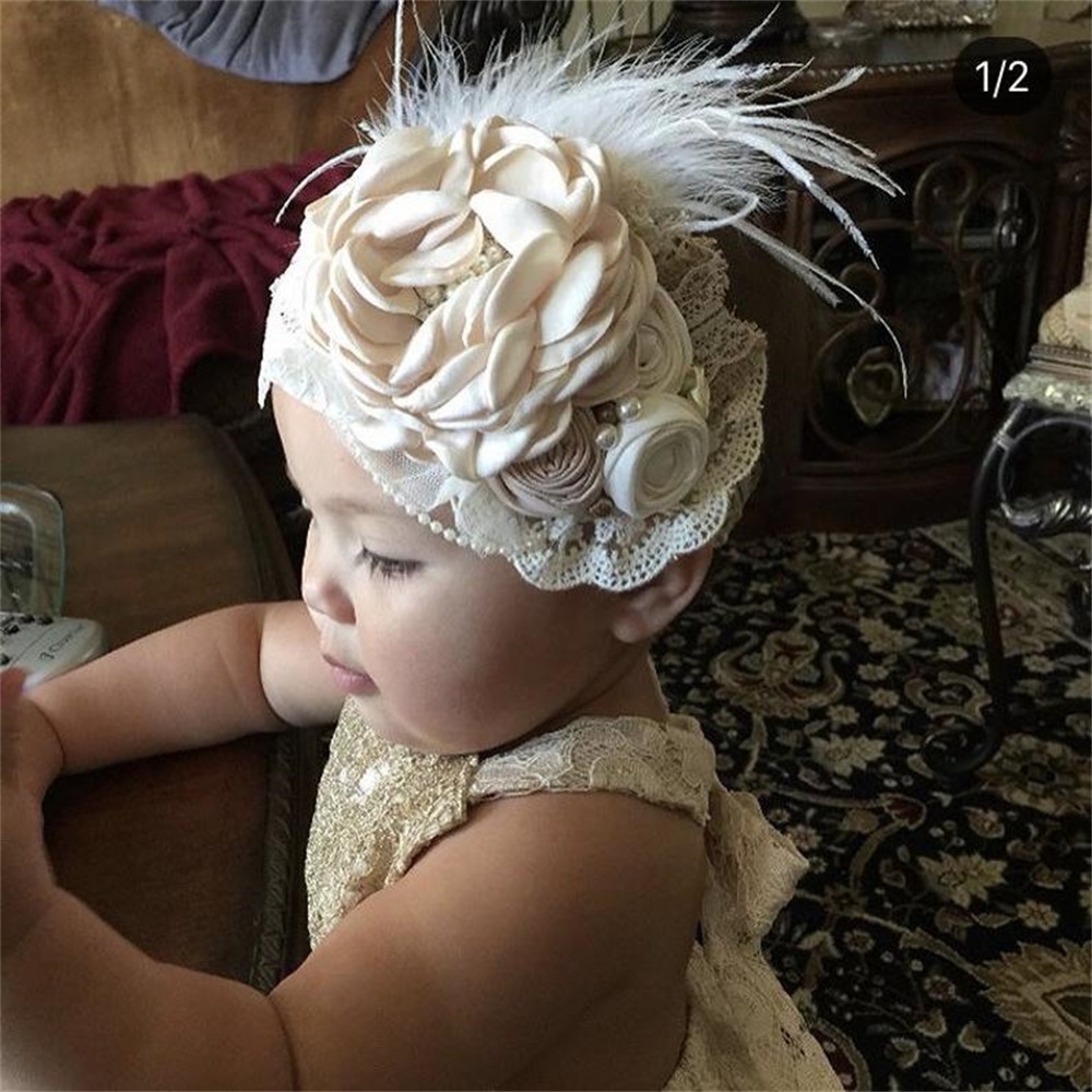 Đầm Hoa Vintage Đầu Bé Gái Headwraps Sơ Sinh Đạo Cụ Chụp Ảnh Quà Tặng Ren Thun Cột Tóc Ngọc Trai Lông Vũ Phụ Kiện