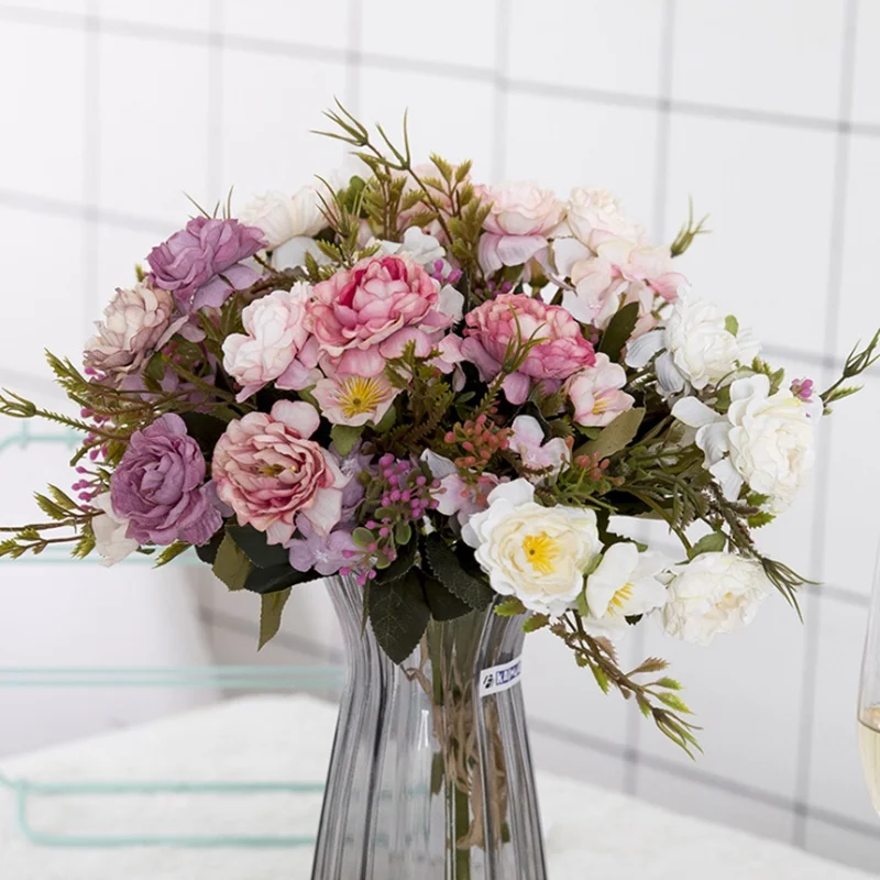 Ramo de flores artificiales para decoración del hogar, 5 tenedores, 8 cabezas, pequeño, peonía, plantas decorativas, coronas, jarrones, accesorios de boda