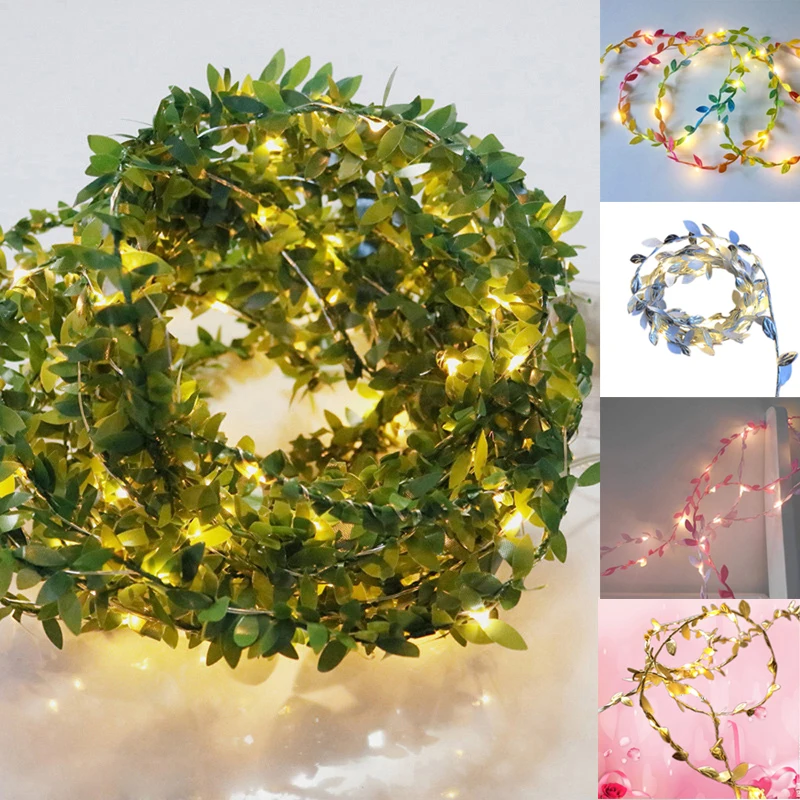 Guirnalda de luces Led de hoja verde, luz de hadas con batería USB de 5V, 20LED, 30Led, 50LED, 100 Led, Flexible, de cobre, para decoración de fiestas