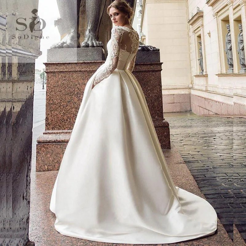SoDigne Summer Wedding dress 2023 Long Sleeves A Line Satin African Wedding Gown  Lace Appliques Boho Bride Dresses Customized