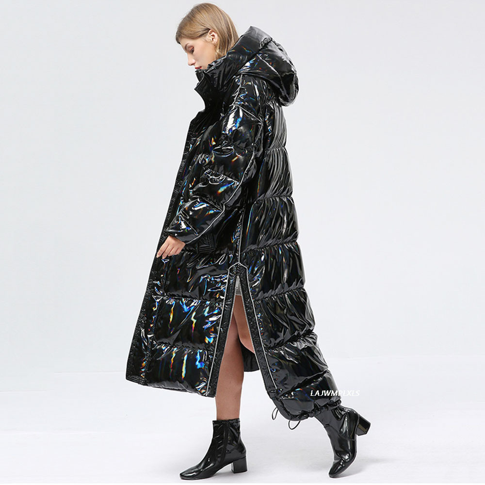 -30 度防水厚い冬スーパーロングダウンコート女性フグジャケット光沢のあるレーザー 90% ホワイトダックダウンジャケットフード付きパーカー