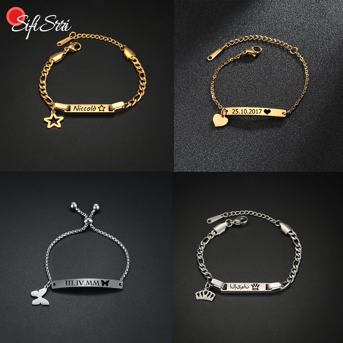 Sifisrri ส่วนบุคคล CUSTOM ชื่อเด็กสร้อยข้อมือหัวใจผีเสื้อสแตนเลสสําหรับ Boy Girl แกะสลักตัวอักษรวันที่เครื่องประดับของขวัญ