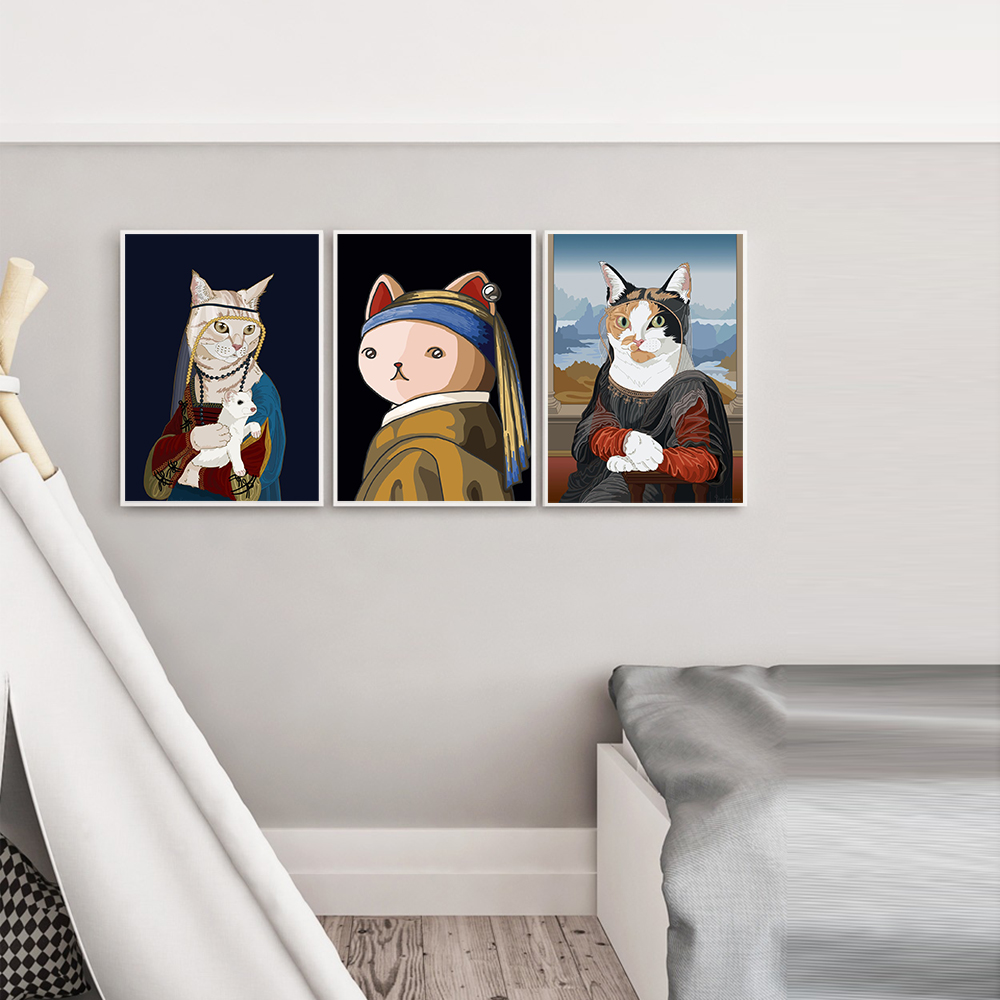 Poster Kanvas Wanita Kucing Kartun Monalisa Lukisan Cetak Abstrak Lucu Anting-Anting Kucing Di Mutiara Gambar Seni Dinding Dekorasi Ruangan Retro