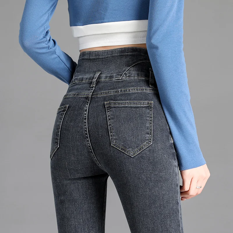Nuevos pantalones vaqueros ajustados elásticos de cintura alta Vintage de alta calidad, pantalones pitillo con botones elásticos a la moda para mujer, pantalones vaqueros informales para mamá
