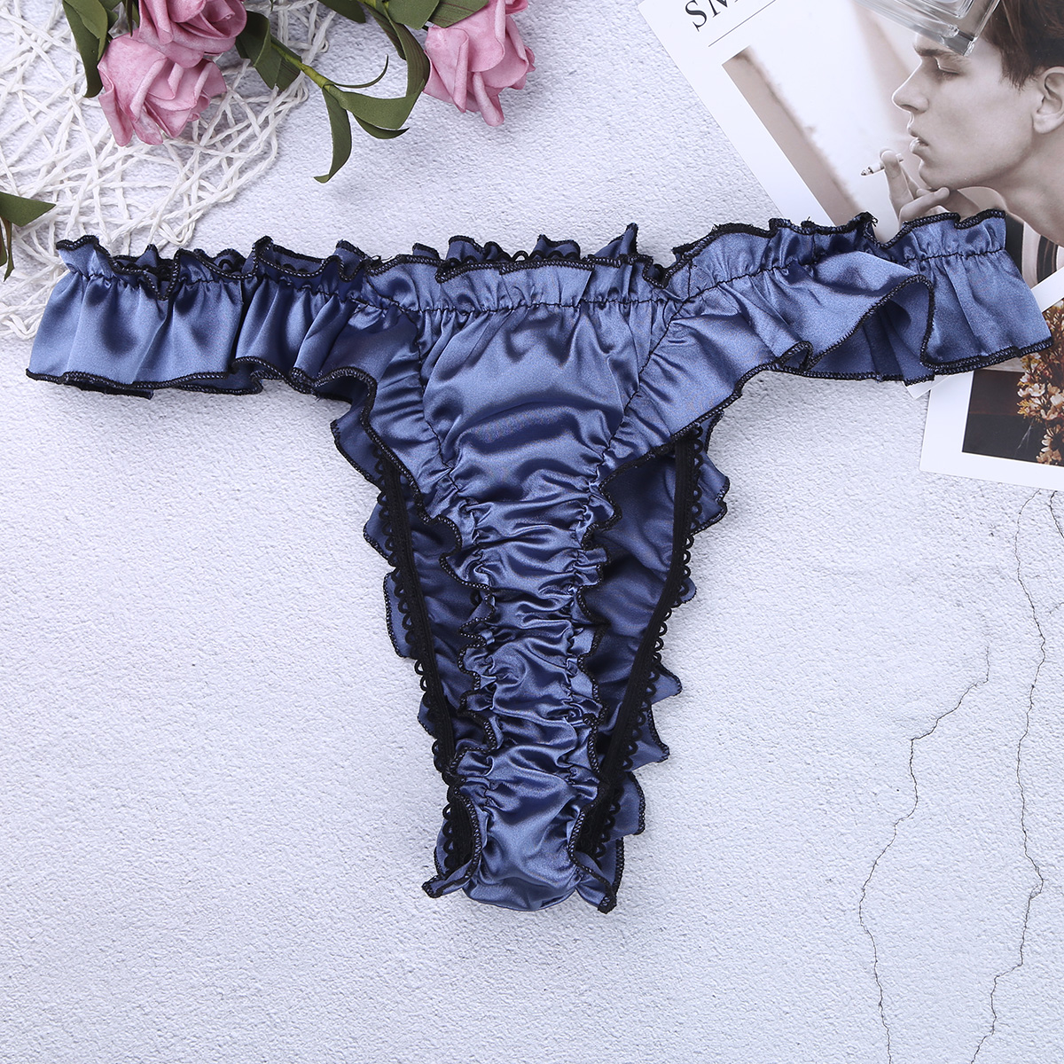 Bragas con volantes para hombre, lencería Sissy de satén brillante, ropa interior exótica, bragas de encaje con volantes