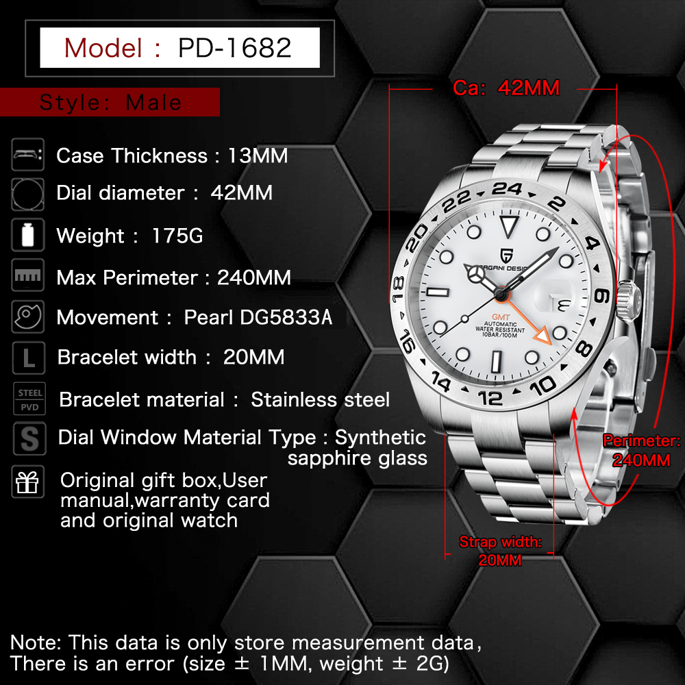 2024 PAGANI Design Neue männer Automatische Mechanische Uhren GMT Uhr 42mm Saphir Edelstahl Wasserdichte Uhr Reloj Hombre