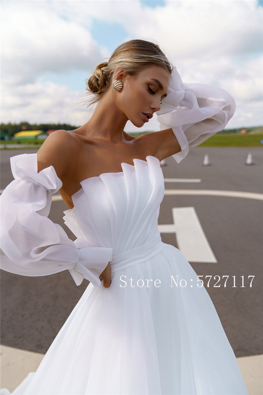 Vestidos de baile com corpete franzido sem alças 2080 vestido de casamento de organza com mangas compridas destacáveis vestidos de noiva império