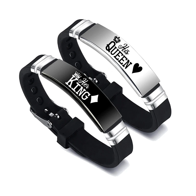 Aço inoxidável ajustável Silicone Strap Bangle, Sua Rainha e Seu Rei Casal Pulseira, Presente Dia dos Namorados, 2 Pçs/set