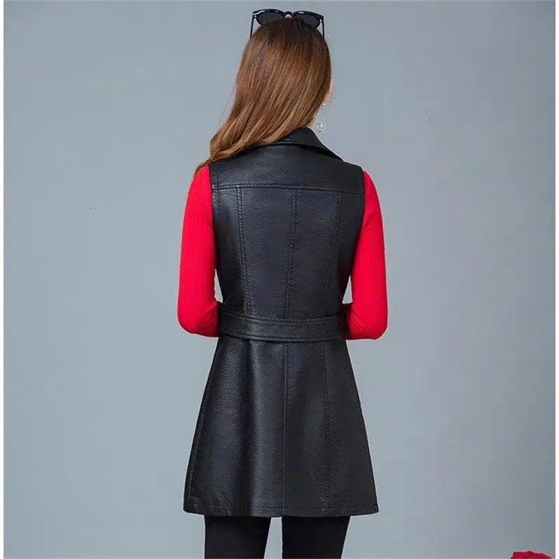 Chaleco de cuero sintético para mujer, Chaqueta larga sin mangas, abrigo de traje, prendas de vestir negras, 2021