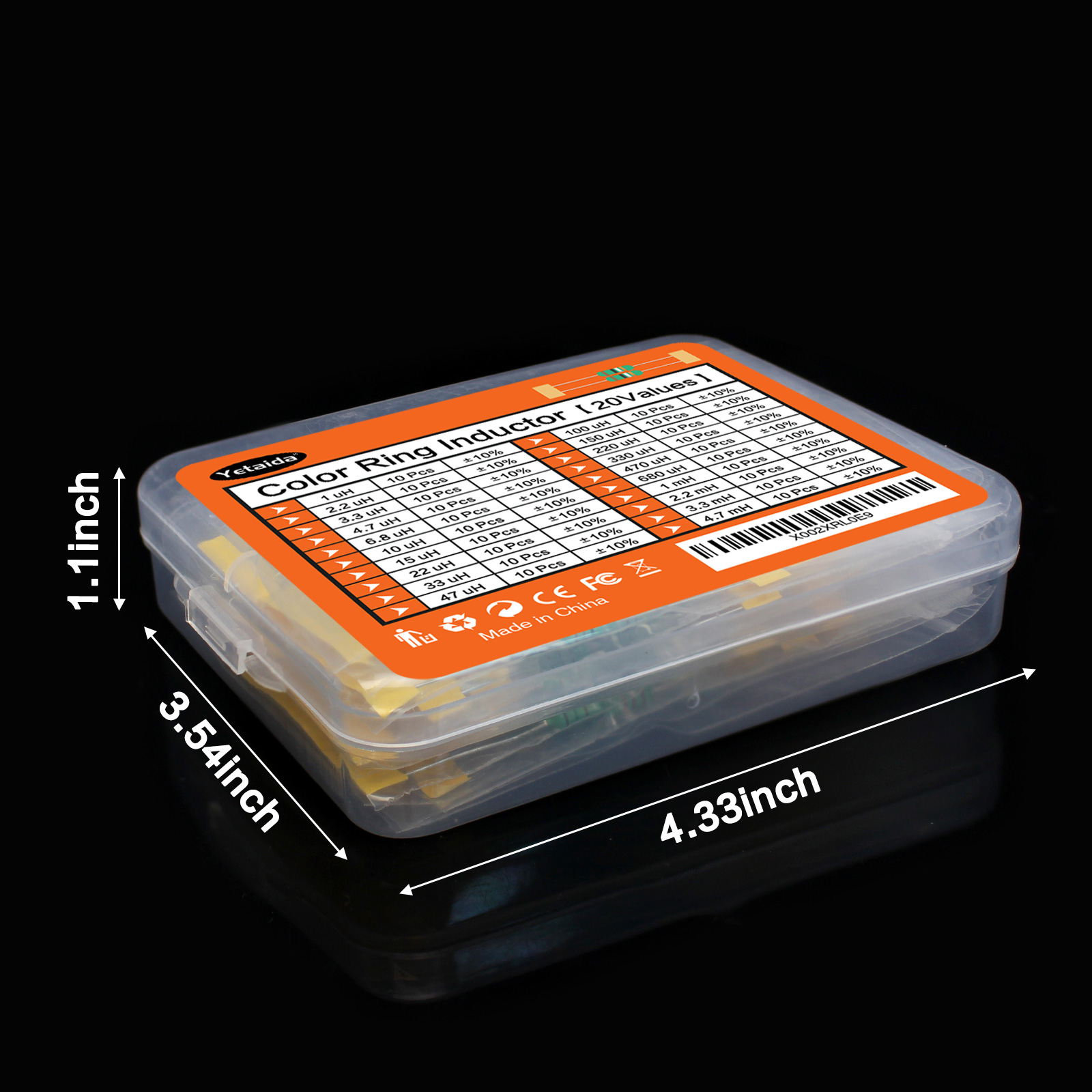 Kit de sortimento de indutores 200 unidades, 1uh-4.7mh, 20 valores, indutância dip, anel colorido, kit sortido