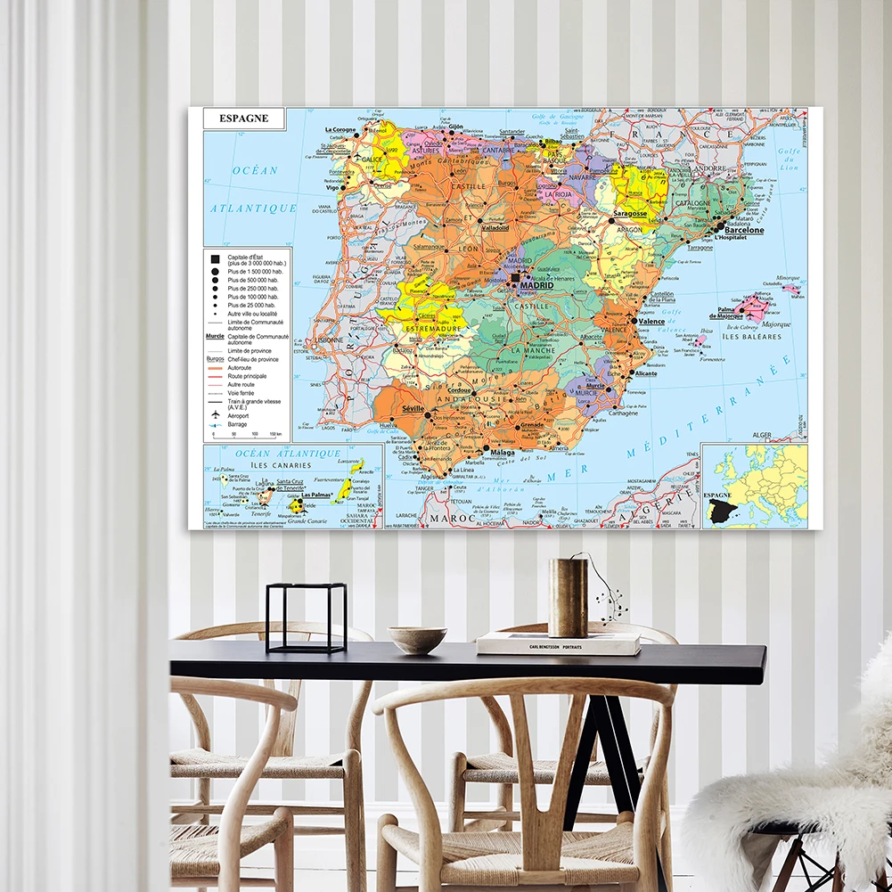 225*150Cm Giao Thông Vận Tải Bản Đồ Của Tây Ban Nha Trong Tiếng Pháp Không Dệt Tranh Canvas Chi Tiết Tấm Áp Phích Lớn Nhà trang Trí Đồ Dùng Học Tập