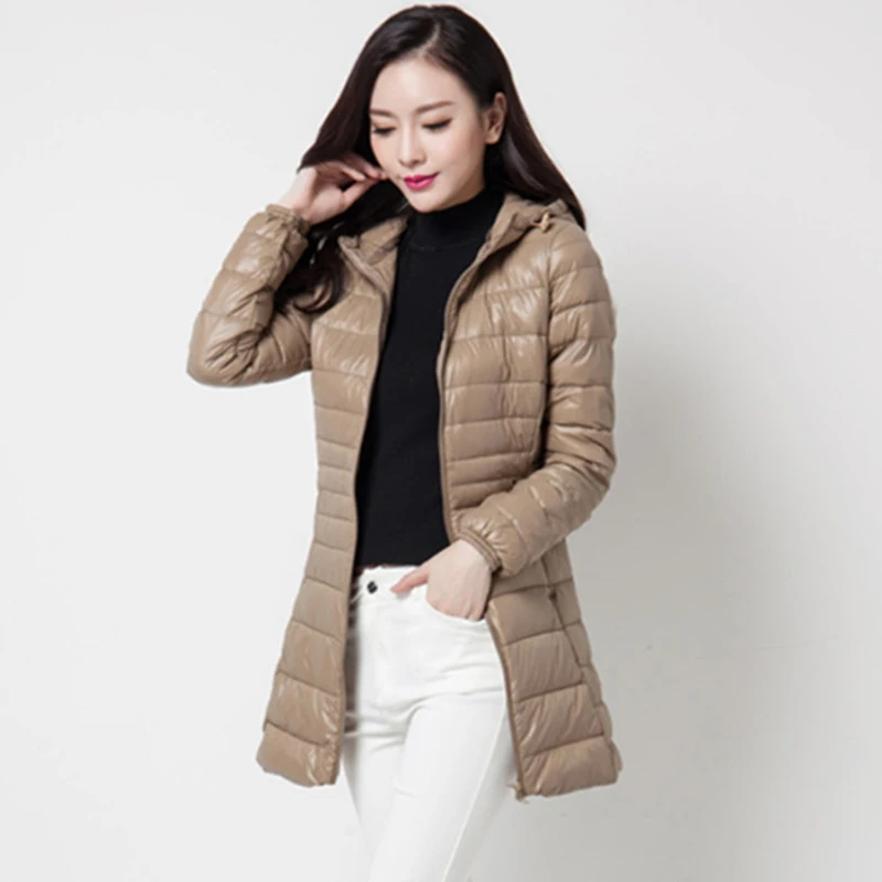 Chaquetas de plumón de pato para mujer, Abrigo acolchado de plumas cálidas, Parkas ultraligeras con capucha, invierno, 0-10 ℃