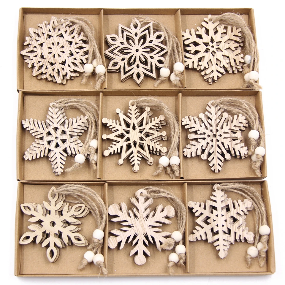 Adornos colgantes de madera para árbol de Navidad, copo de nieve, Vintage, 12 unids/caja