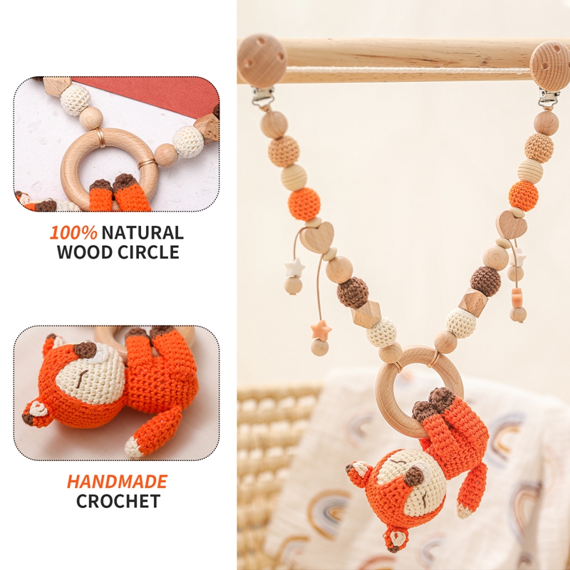 Cadena de madera para cochecito de bebé, cadena de Clip para chupete, pulsera de dentición de animales de ganchillo, juguetes para cochecito móvil