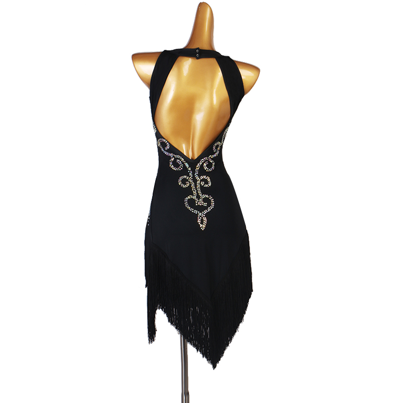 Gaun Dansa Latin Seksi Rumbai Kristal/Rhinestones Latihan Wanita Tanpa Lengan