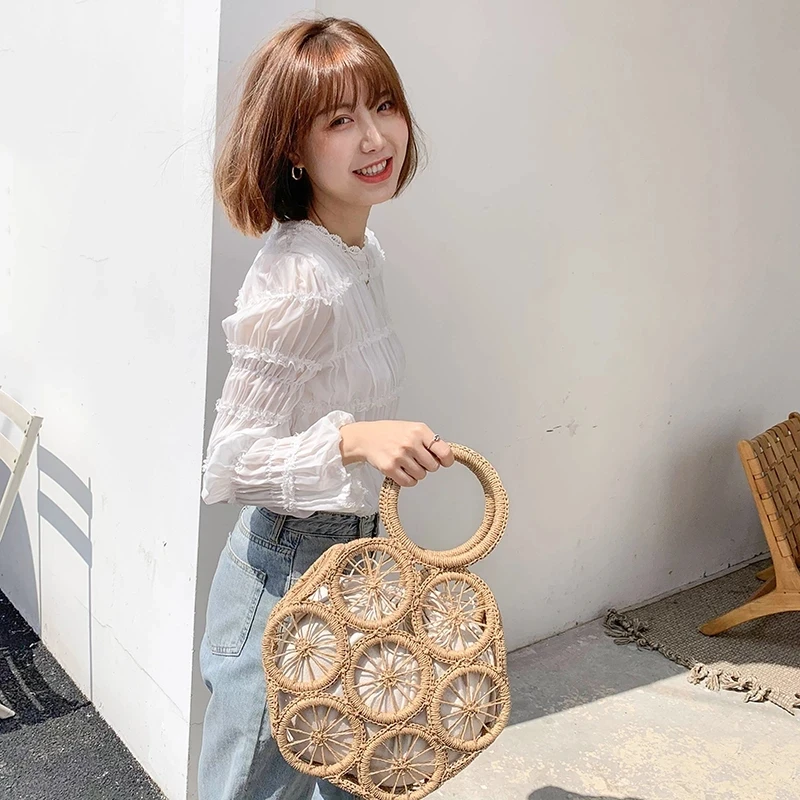 แฟชั่นหวายกลวงรอบฟางกระเป๋าหวายทอกระเป๋าถือผู้หญิงฤดูร้อนชายหาดไหล่C Rossbodyกระเป๋าสบายๆเลดี้บาหลีกระเป๋า