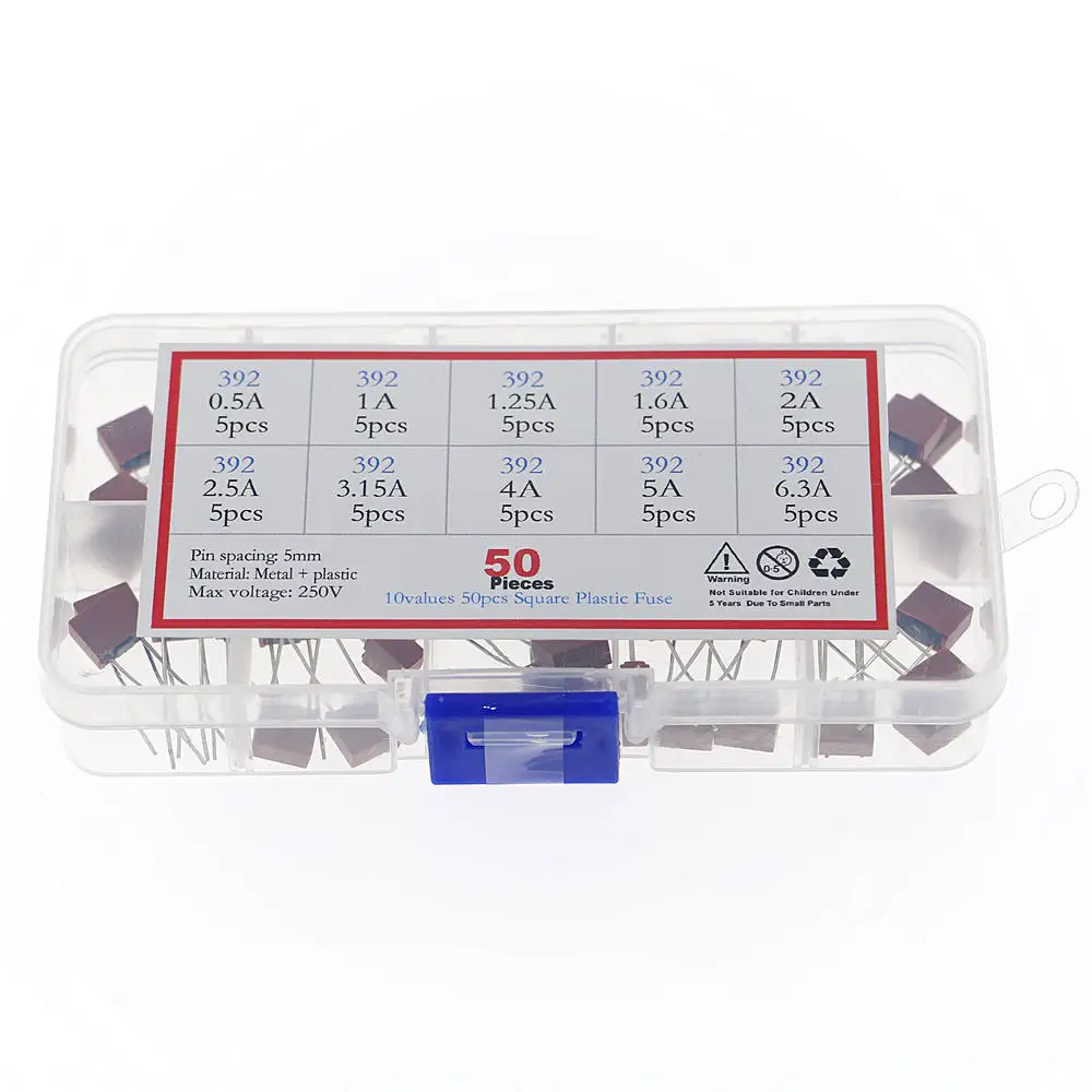 50Pcs/Box 10 Kinds x 5pcs 392 Square Fuse Plastic Electrical Assorted Fuse Mix Set 0.5A 1A 1.25A 1.6A 2A 2.5A 3.15A 4A 5A 6.3A