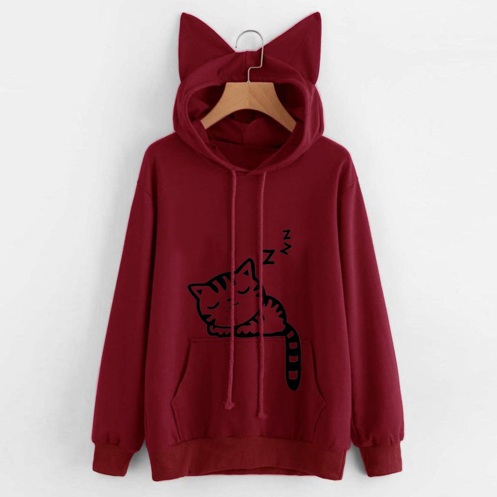 ใหม่ผู้หญิงHoodiesเสื้อกันหนาวKawaiiสีชมพูฤดูหนาวแมวรูปแบบแขนยาวHooded Sweatshirts Harajuku