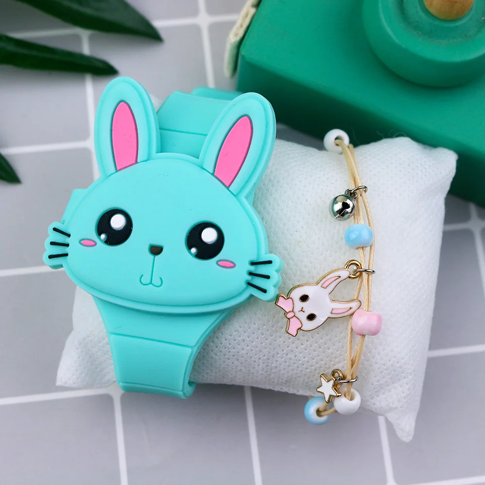 Led dos desenhos animados coelho crianças relógios com braelet adorável coelho eletrônico meninas crianças relógio senhoras flip cover estudantes relógio