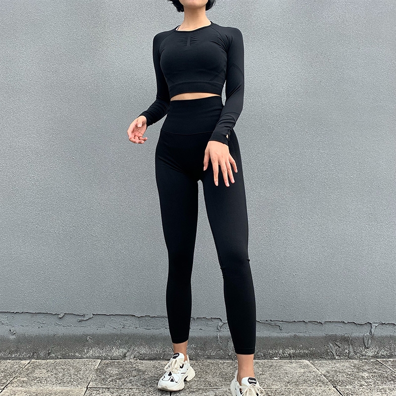 Conjunto de Yoga sin costuras para mujer, ropa de entrenamiento, Top corto de manga larga para gimnasio, mallas de cintura alta, ropa deportiva para Fitness, traje deportivo, 2 uds.