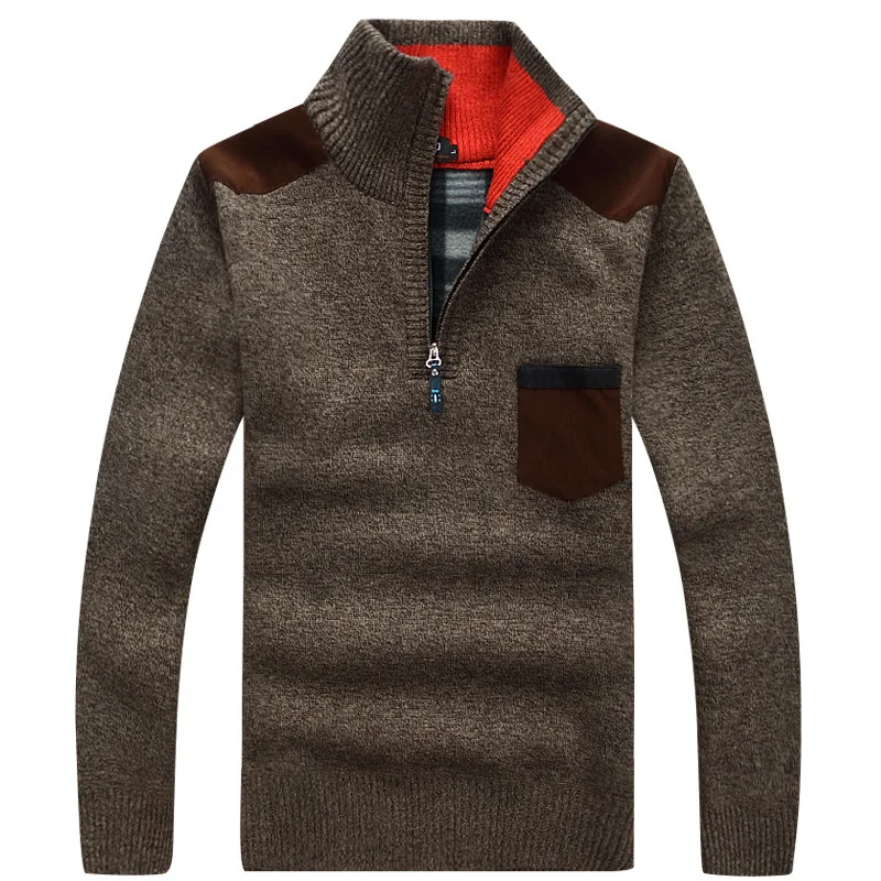 Winter Herren Rollkragenpullover Half Zip Fleece Gestrickte Wolle Pullover Langarm Tasche Casual Männliche Dicke Kleidung für Herbst