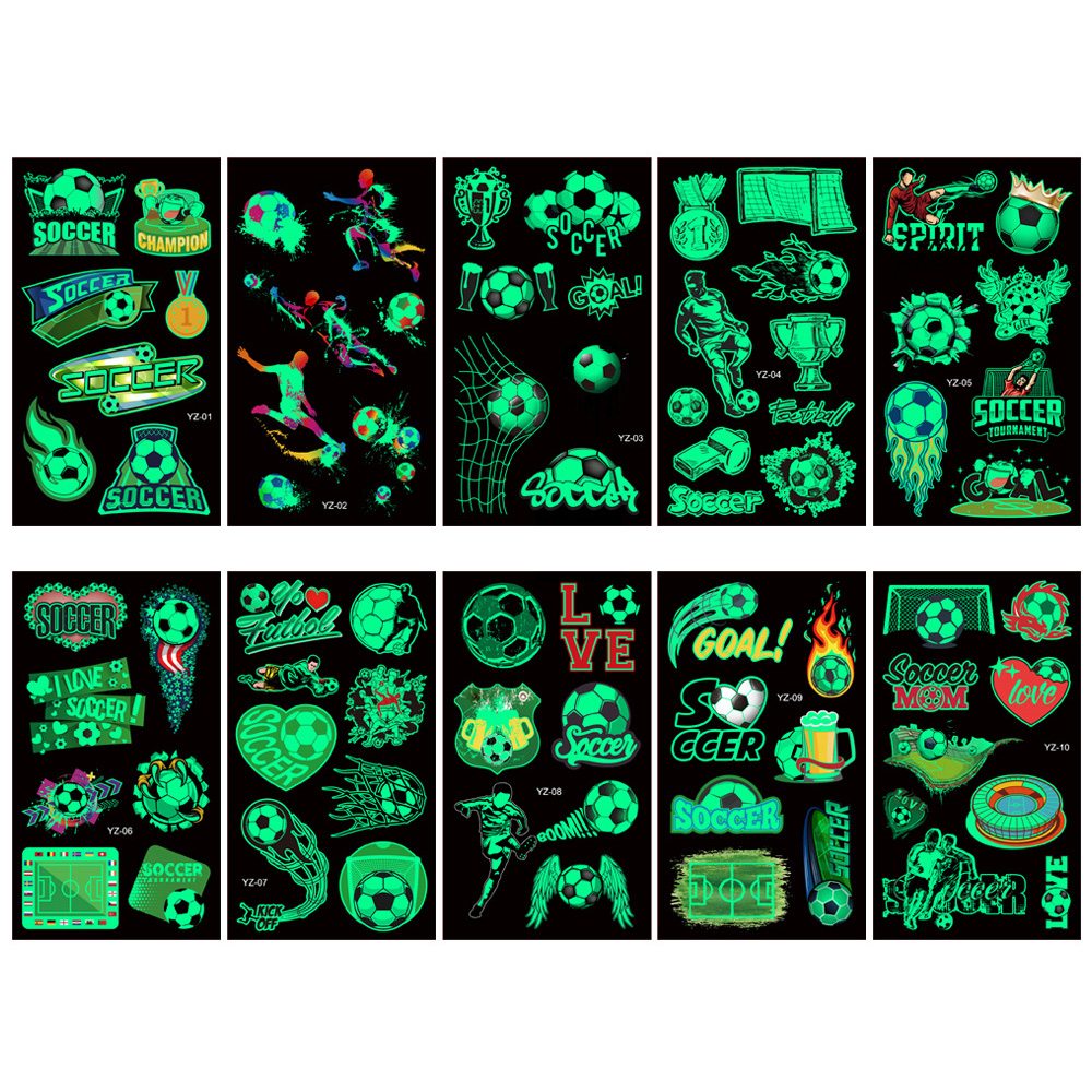 10 folhas/conjunto adesivos de tatuagem luminosa crianças dos desenhos animados futebol tatuagens temporárias brilho pasta na rosto braço perna para crianças presente