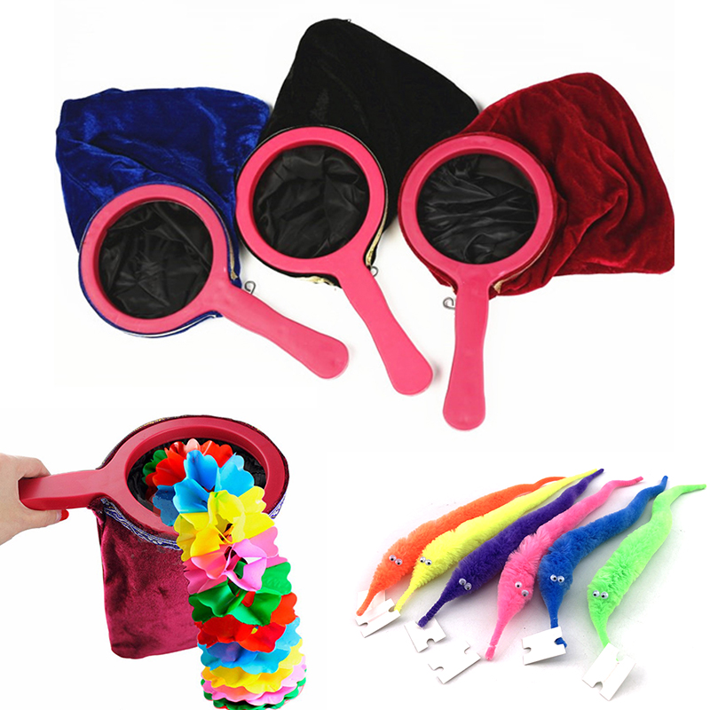 Conjuntos de accesorios mágicos divertidos para principiantes, bolsa de cambio de gusano mágico retorcido, flor para tirar, hacer cosas que desaparecen, juguetes para trucos para niños