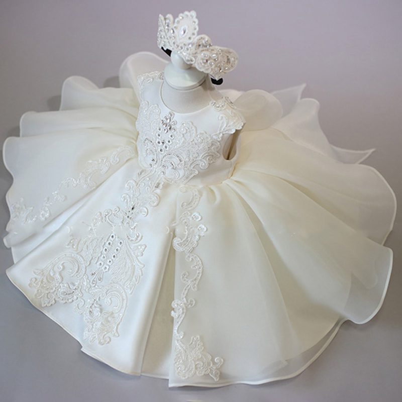 Детское платье с бисером, белое или розовое элегантное платье принцессы на первый день рождения