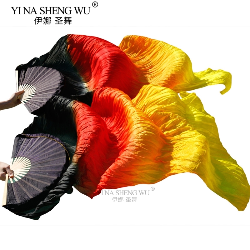뜨거운 판매 아이 여성 밸리 댄스 팬 1 쌍 그라디언트 색상 댄서 연습 긴 모조 실크 팬 150/180x90cm 레이온 실크 팬
