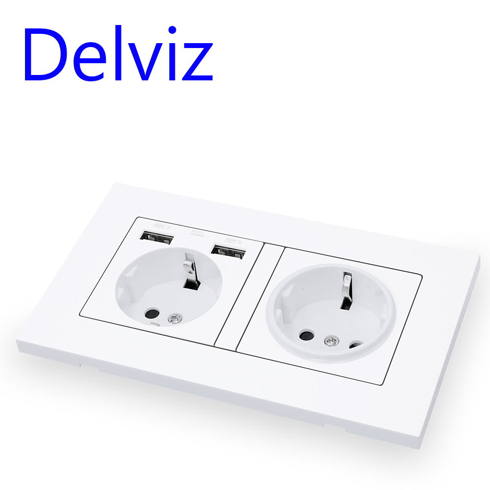 Delviz EU Standard USB socket, Double Outlet,16A Quality power panel AC 110~250V 146mm * 86mm,Double frame Wall USB Power Outlet