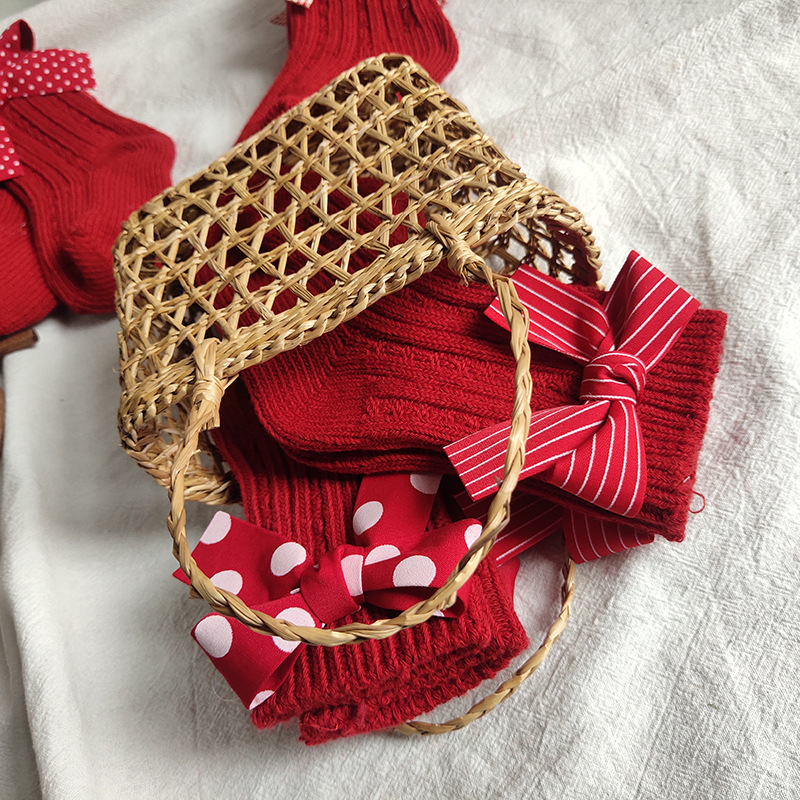Calcetines hasta la rodilla para niñas, calcetines navideños de algodón con lazo grande rojo, calentadores de piernas de lana Lisa, calcetines suaves para niñas y niños pequeños