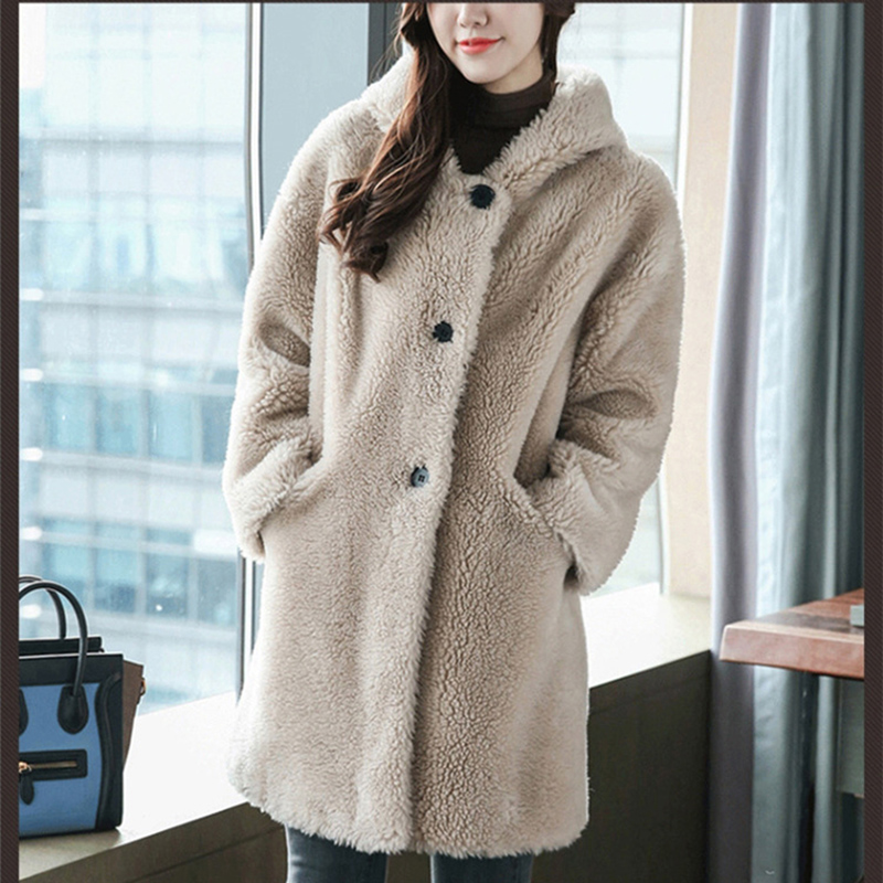 Real Fur Coat High Quality Womens Natural Wool Coats With Cap Thick Warm Elegant Loose Large Size Long Outwear For Women