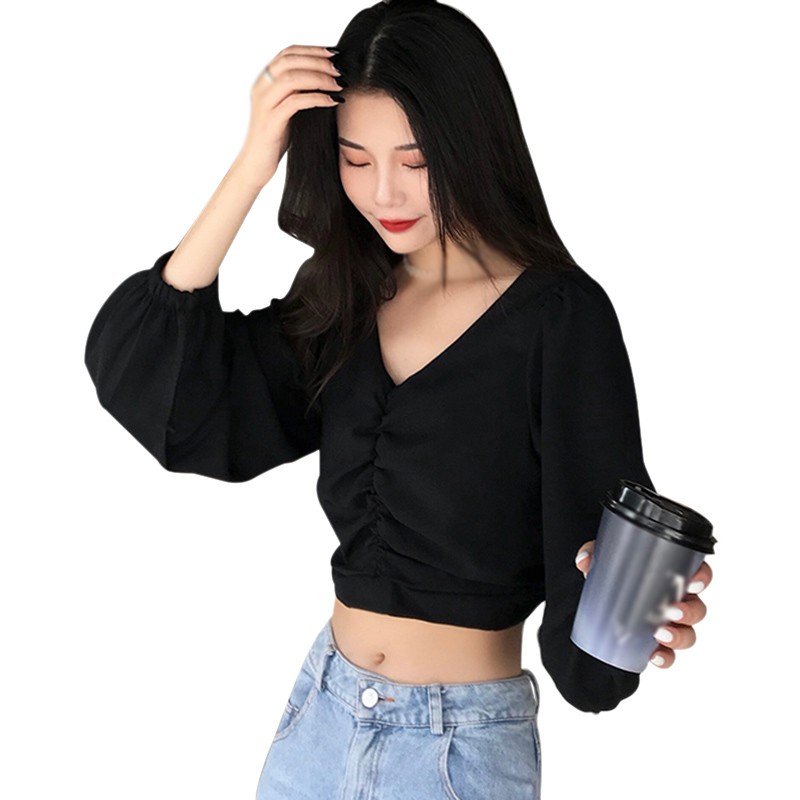 Blusas de Color sólido para mujer, camisa informal de manga larga con cuello en V para oficina, holgada, blanca y negra, Tops de otoño
