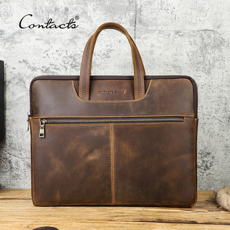 CONTACT'S, bolso de mano de cuero Crazy Horse para hombre, bolso informal para ordenador portátil de 15 "y 16", bolsos de mano para viajes de negocios, maletín de diseño de marca